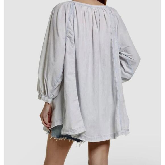Free People Oxford Button Front Swing Tunic Top Blue L - Picture 4 of 9